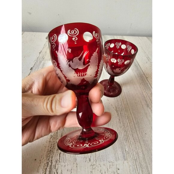 Egermann mini wine champagne Bohemian red glass cut bird cranberry ruby - Picture 4 of 7